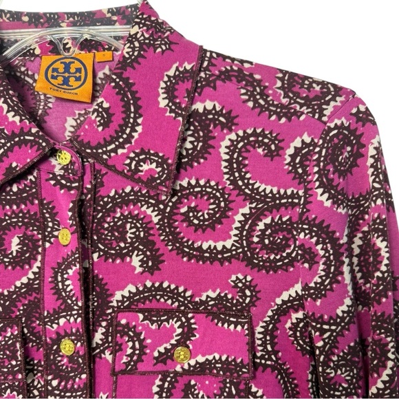 Tory Burch Swirl Print Shirt Size Small Pink Burgundy Western Bohemian - Picture 5 of 8